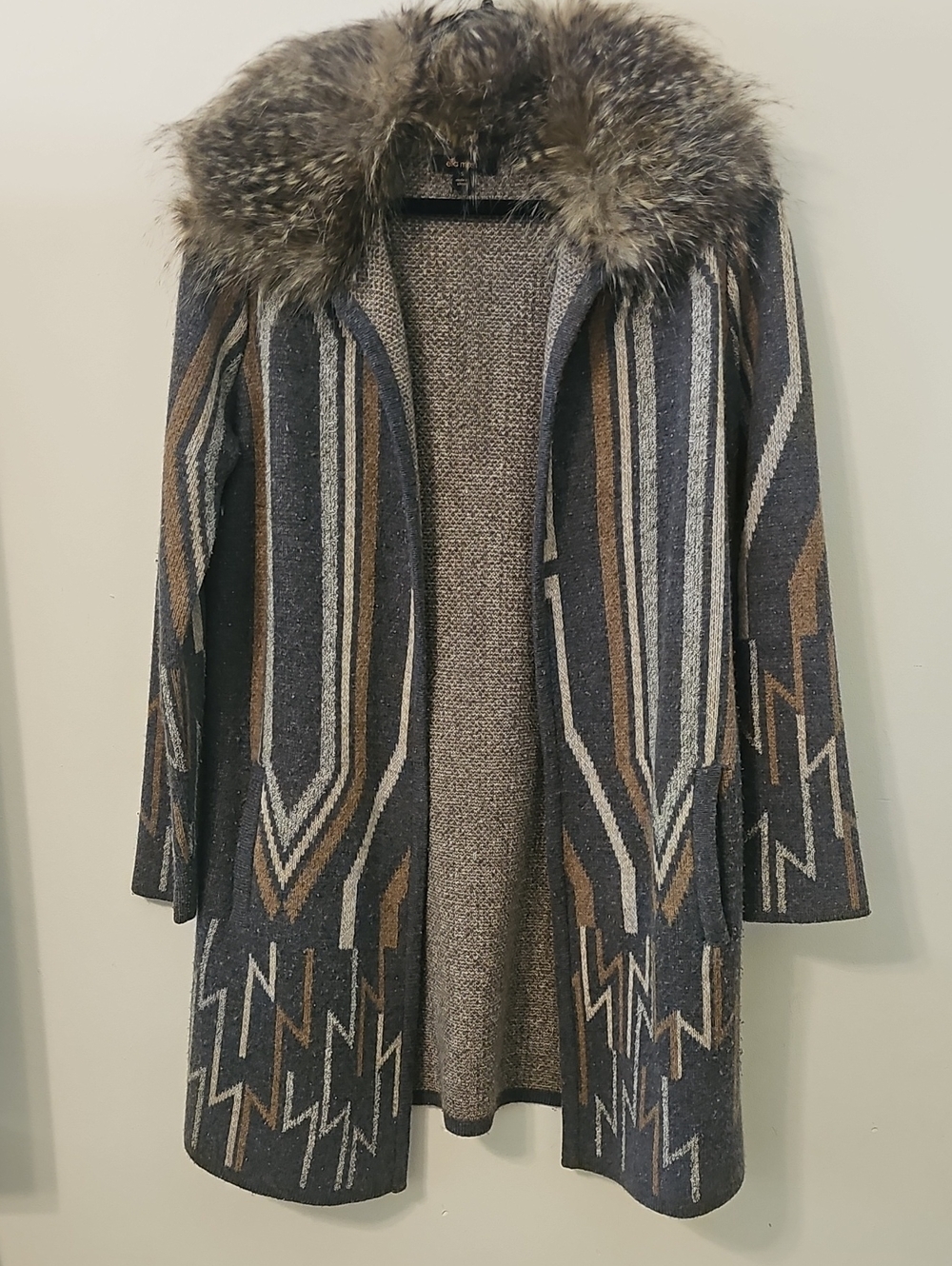 Ella Moss Striped Knit Coatigan with Faux Fur Collar - Gray/Brown
